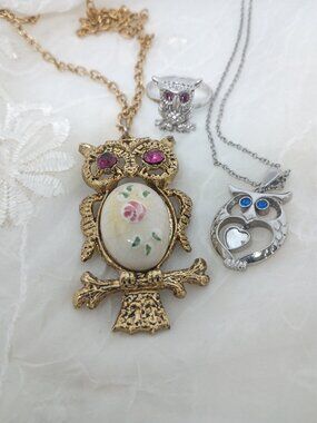 Owl lot~Pink Rhinestone Jelly Belly Necklace,Sarah Cov Ring, Blue Eyed Steel Owl